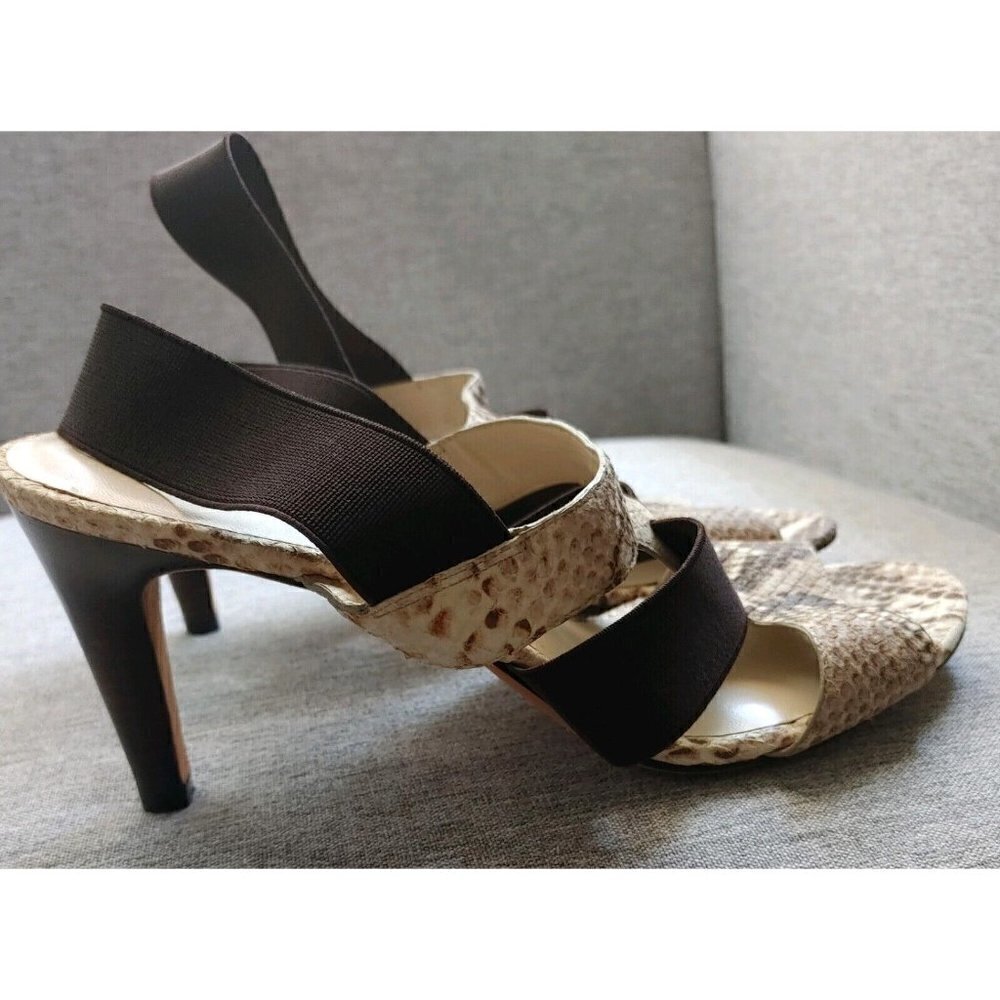 Michael Kors Brown and Tan Leather Snakeskin Print Open Toe Strappy Heels Size 9 - Picture 7 of 10